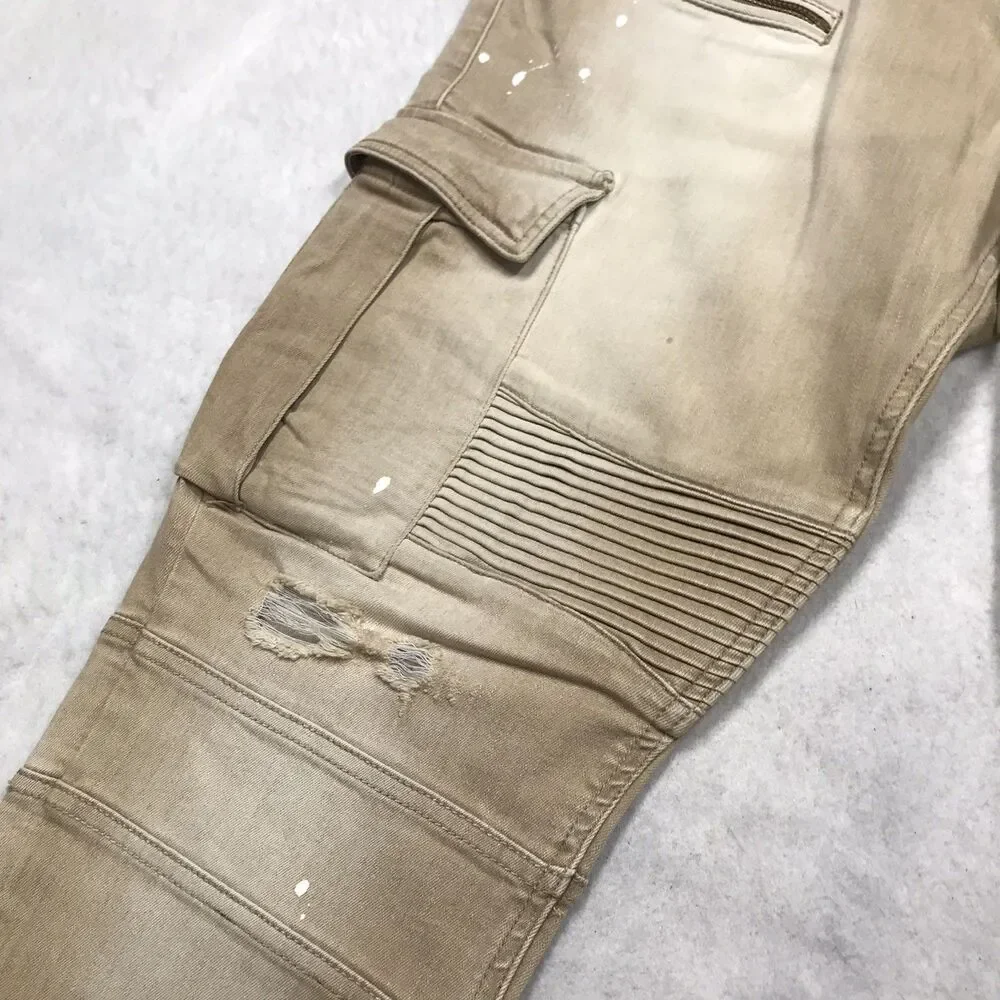 GUESS Jeans Men 36x32 Tan Moto Cargo Slim Taper Distressed Skater Biker